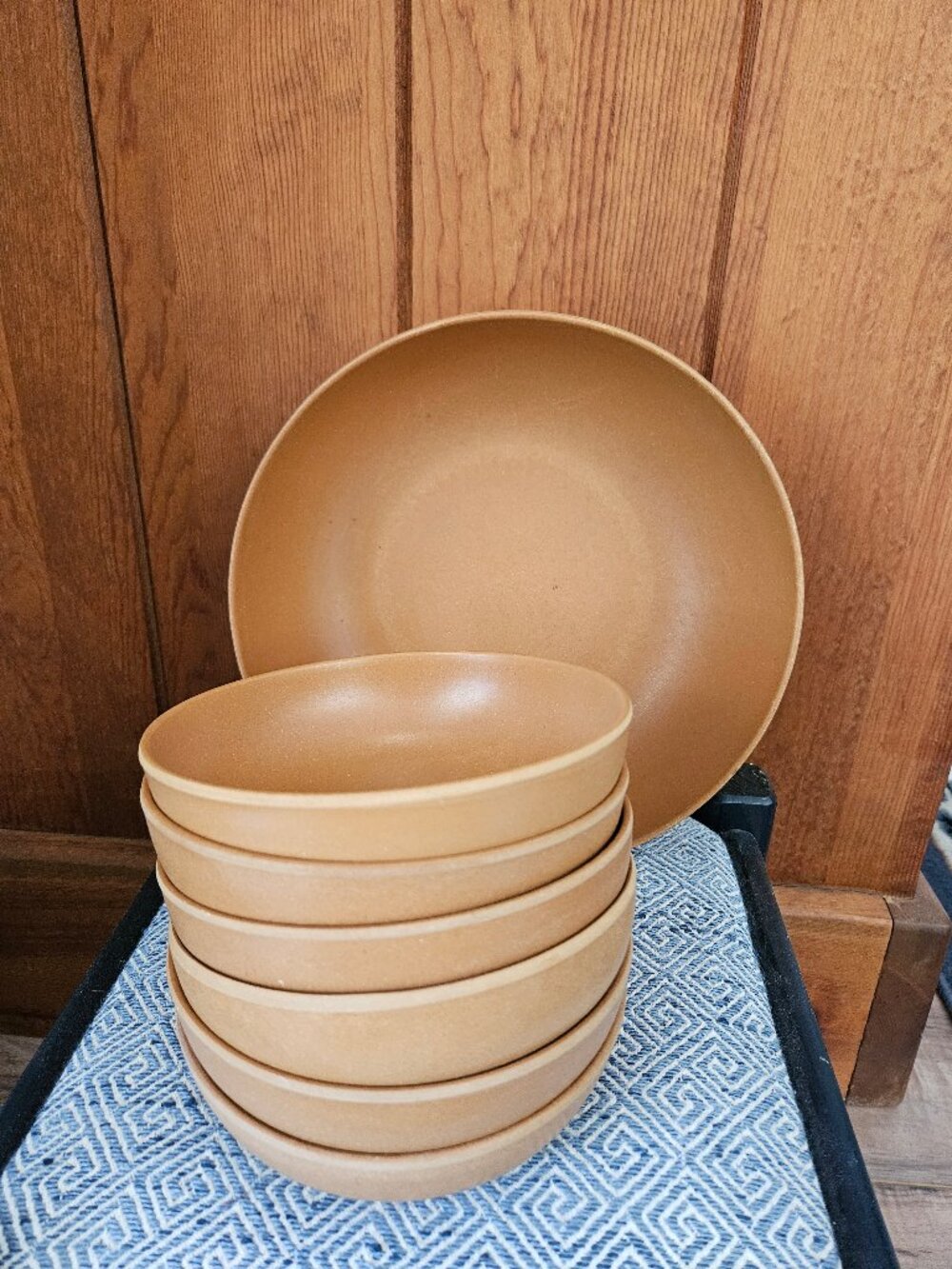 Vintage Ellinger's Agatized Wood Salad Set, 1 Large and 6 Small Bowls